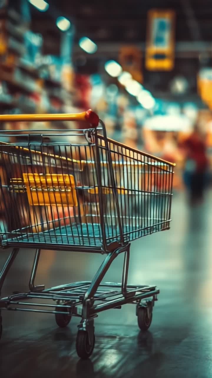 Un carrello della spesa vuoto in un corridoio di un negozio al dettaglio, che evidenzia l'esperienza del consumatore e l'atmosfera dei moderni ambienti commerciali