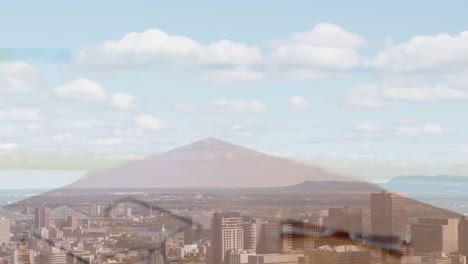 Mid-section-of-businessman-and-businesswoman-shaking-hands-against-aerial-view-of-cityscape