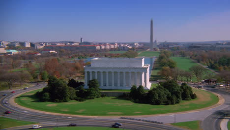 beautiful aerial over the lincoln memorial in washington dc with washington monument background