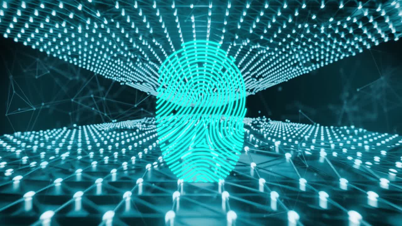 animación del procesamiento de datos sobre una malla de conexiones con huellas dactilares