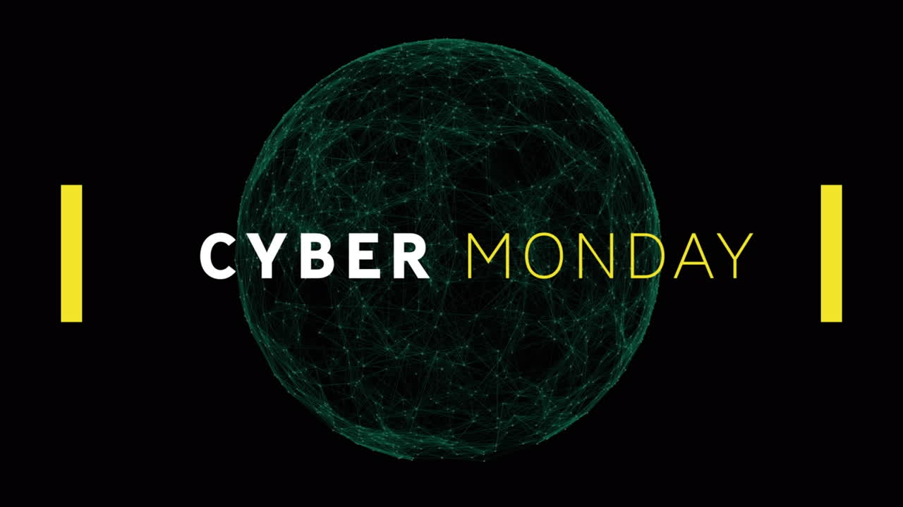 lunes cibernético banner de texto contra el globo verde de la red de conexiones en fondo negro