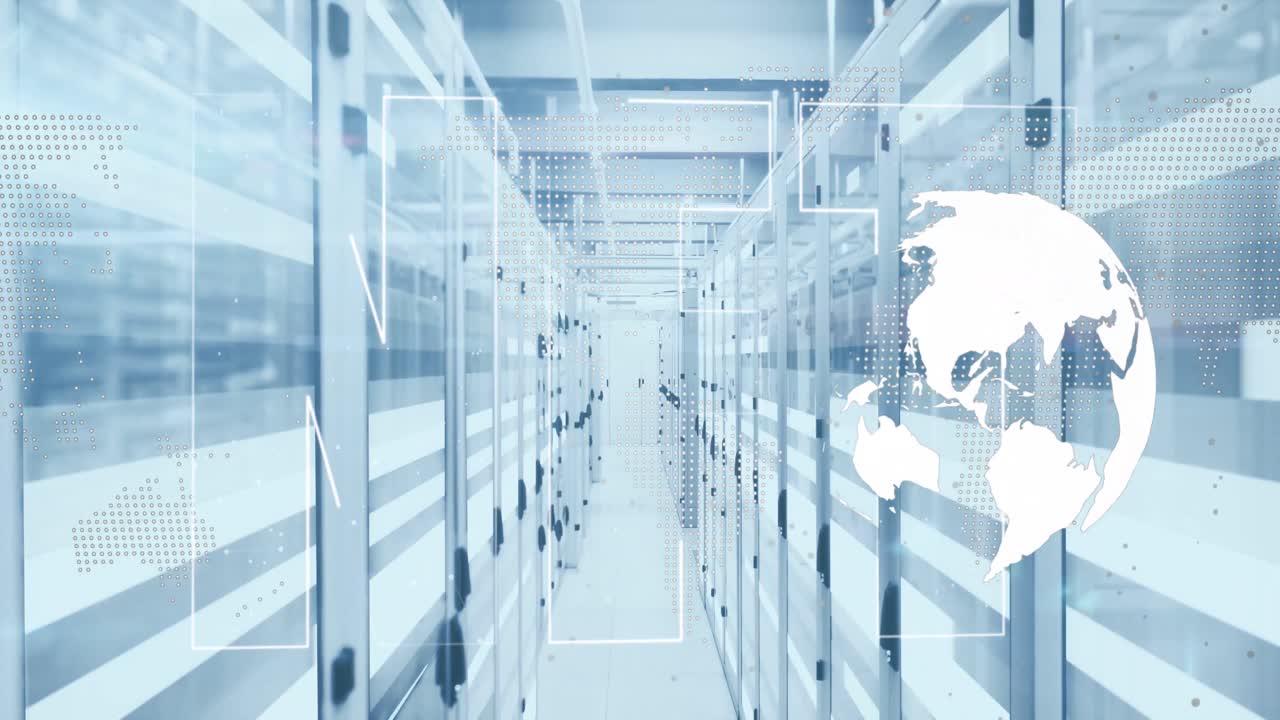 nft 텍스트 배너, 회전하는 글로브 및 컴퓨터 서버 방에 대한 빛 트레일의 애니메이션