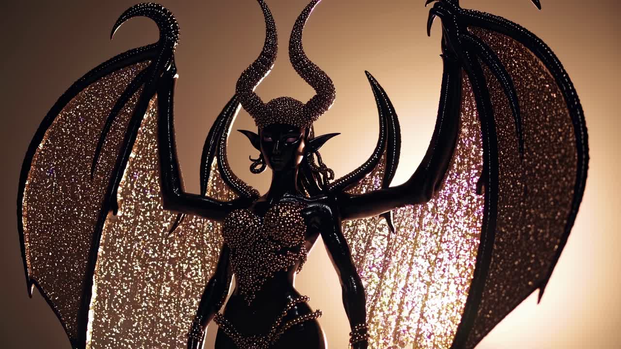 poderoso demonio femenino con joyas ornamentadas, exhibiendo dramáticas alas como de murciélago y cuernos curvos contra un fondo dorado radiante, encarnando la mística sobrenatural y la estética de la fantasía oscura