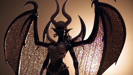 powerful female demon wearing ornate jewelry, displaying dramatic bat like wings and curved horns against radiant golden background, embodying supernatural mystique and dark fantasy aesthetic