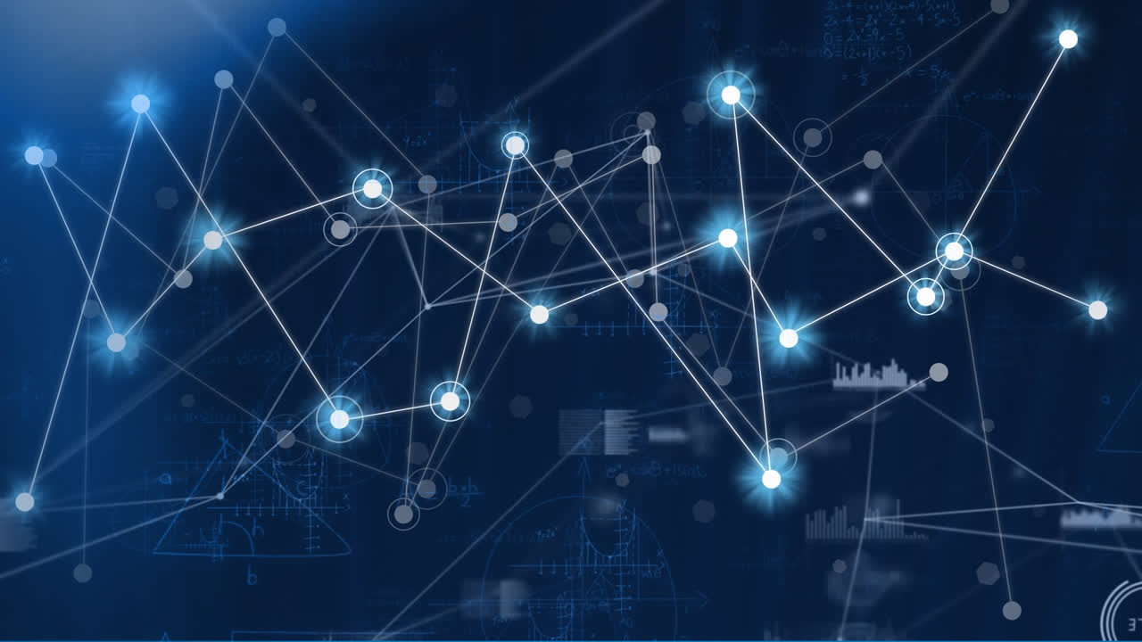 Animation of connected dots with graph and soundwave icons against mathematical equations