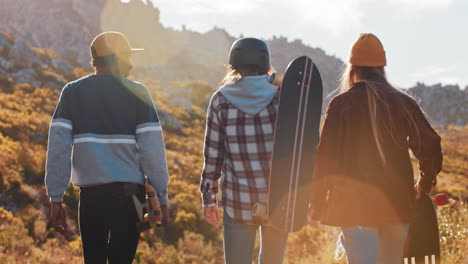 Amigos-Patinadores-Multiétnicos-Sosteniendo-Longboards-Pasando-El-Rato-Juntos-Disfrutando-De-Las-Vacaciones-De-Verano-Haciendo-Longboard-Caminando-En-Una-Carretera-Rural-Conversando-Con-La-Vista-Trasera