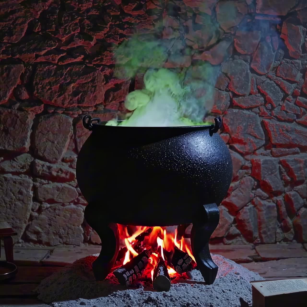 A close-up video shot of a black cauldron over a crackling fire, set against a rustic stone wall