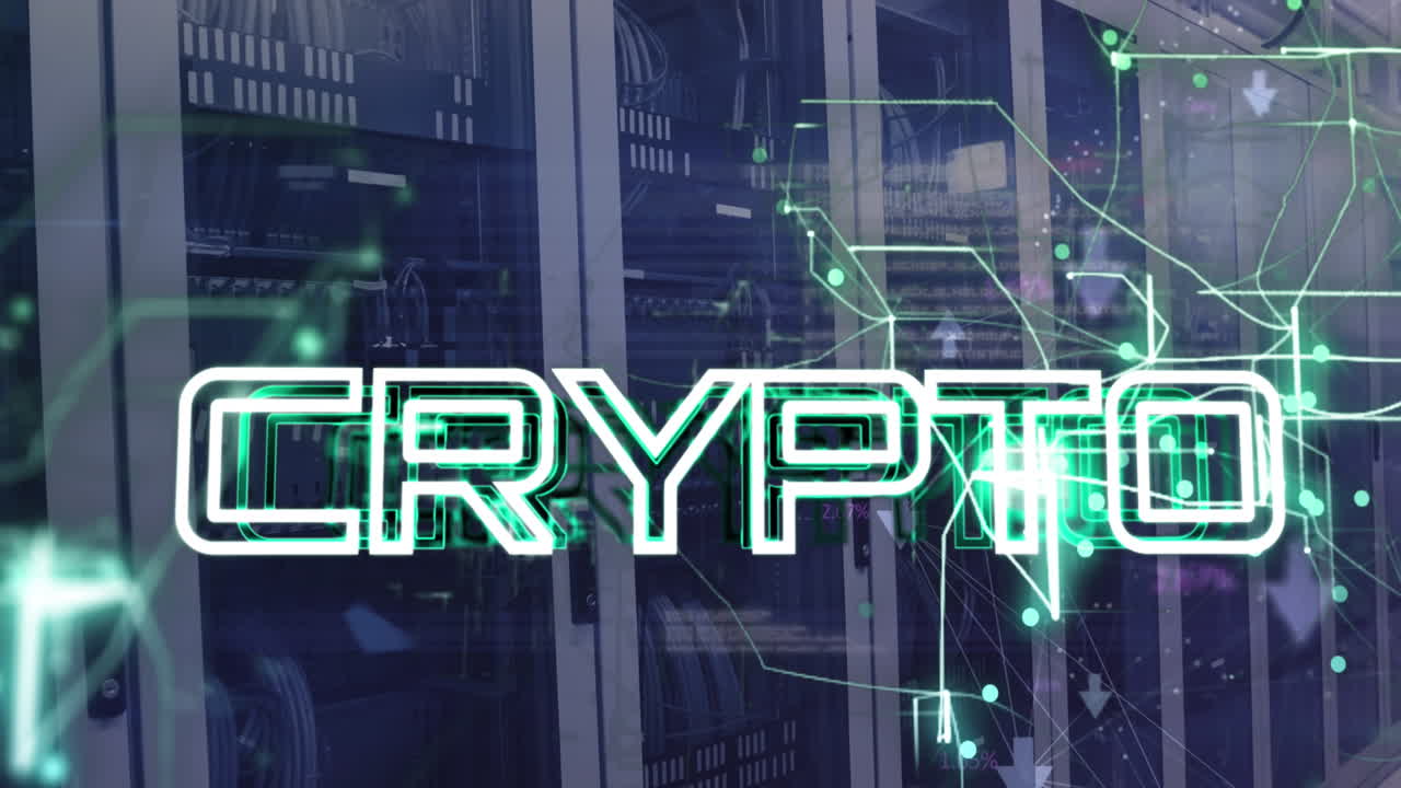 Animation af kryptotekst med forbundne pile og computersprog over dataserverracks