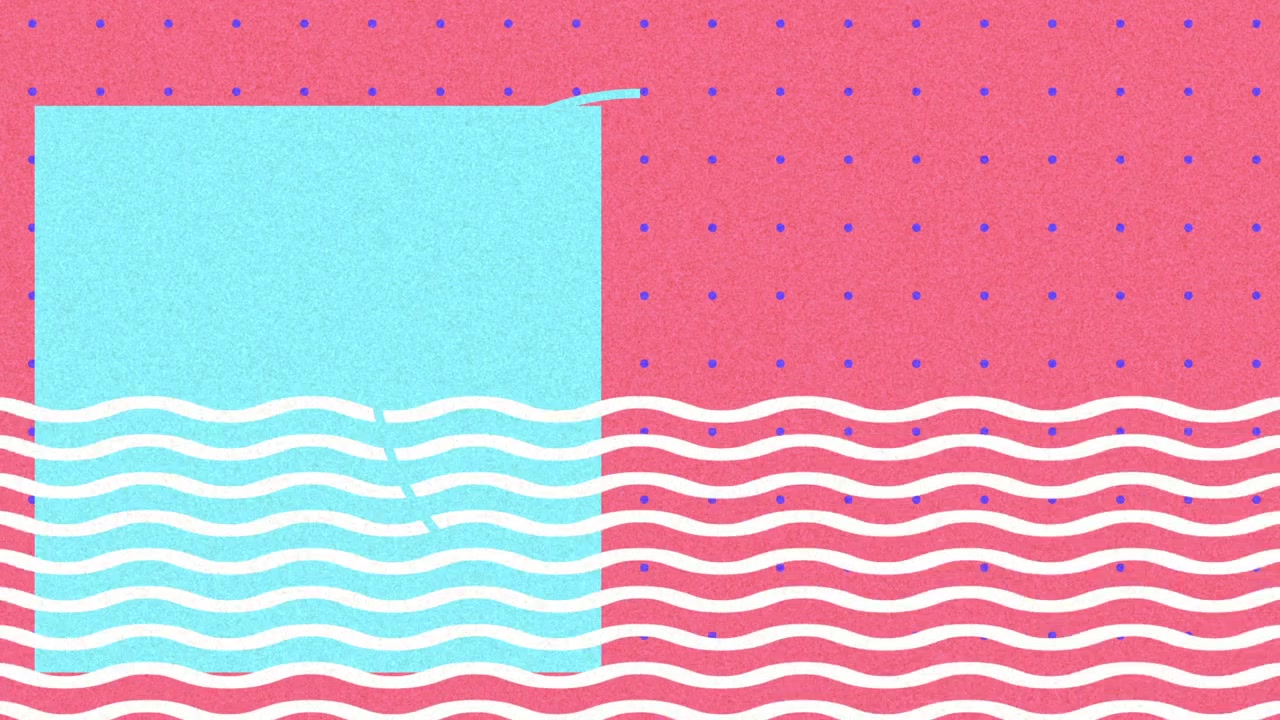 Starting purple scallops rising, white waves sliding, blue square aqua arc appearing on pink layout