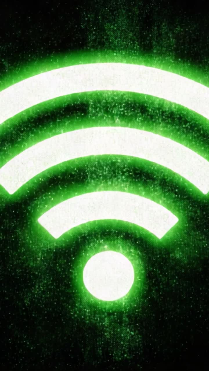 Rappresentazione visiva dinamica di un segnale Wi-Fi verde con un bagliore futuristico, che mostra onde vibranti e un nodo centrale su uno sfondo scuro