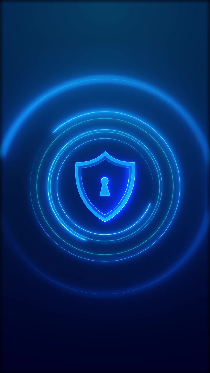 Glowing blue shield and keyhole icon by futuristic circular light rings strong for cyber security