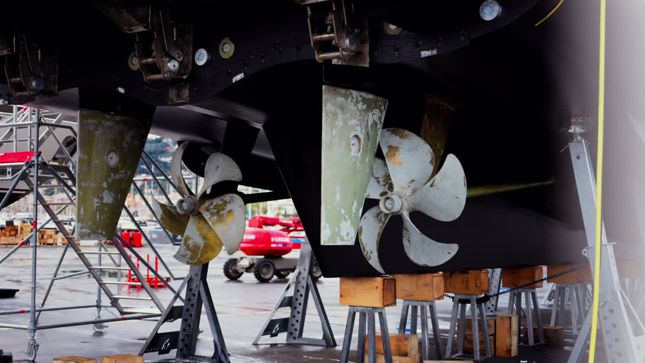Nice, France - March 17, 2025: The underside of a ship with propellers and the supporting structures