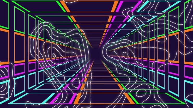 Animation of moving, geometrical, colorful tunnel over moving white lines