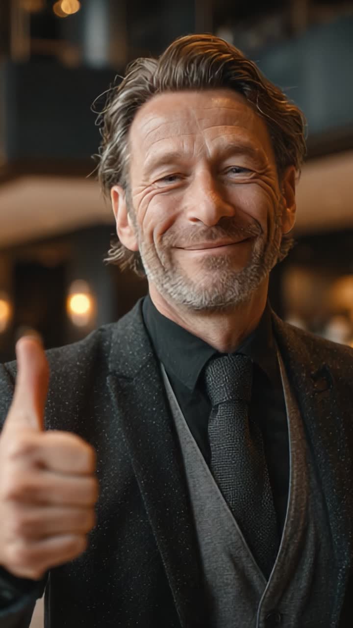 A Smiling Man in Formal Attire Giving a Thumbs-Up Gesture, Exuding Confidence and Positivity in a Sophisticated Ambience