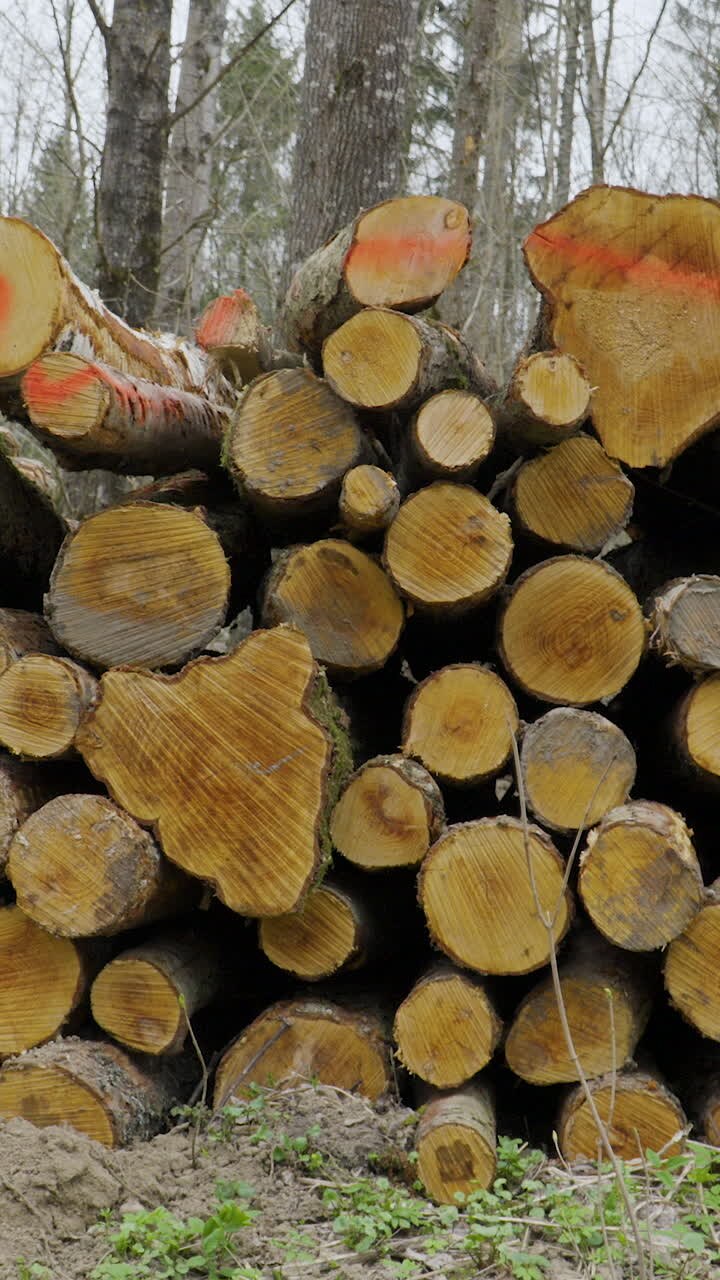 A vertical closeup of freshly cut timber logs stacked in a pile within a woodland area. Ideal for forestry, environmental, and industrial themes