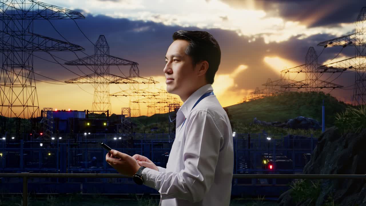 Side View Of An Asian Male Professional Worker Standing Near High Voltage Tower, Industrial Facility, Observes By Looking Up Then He Come To Concentrating On The Phone And Keep On Checking