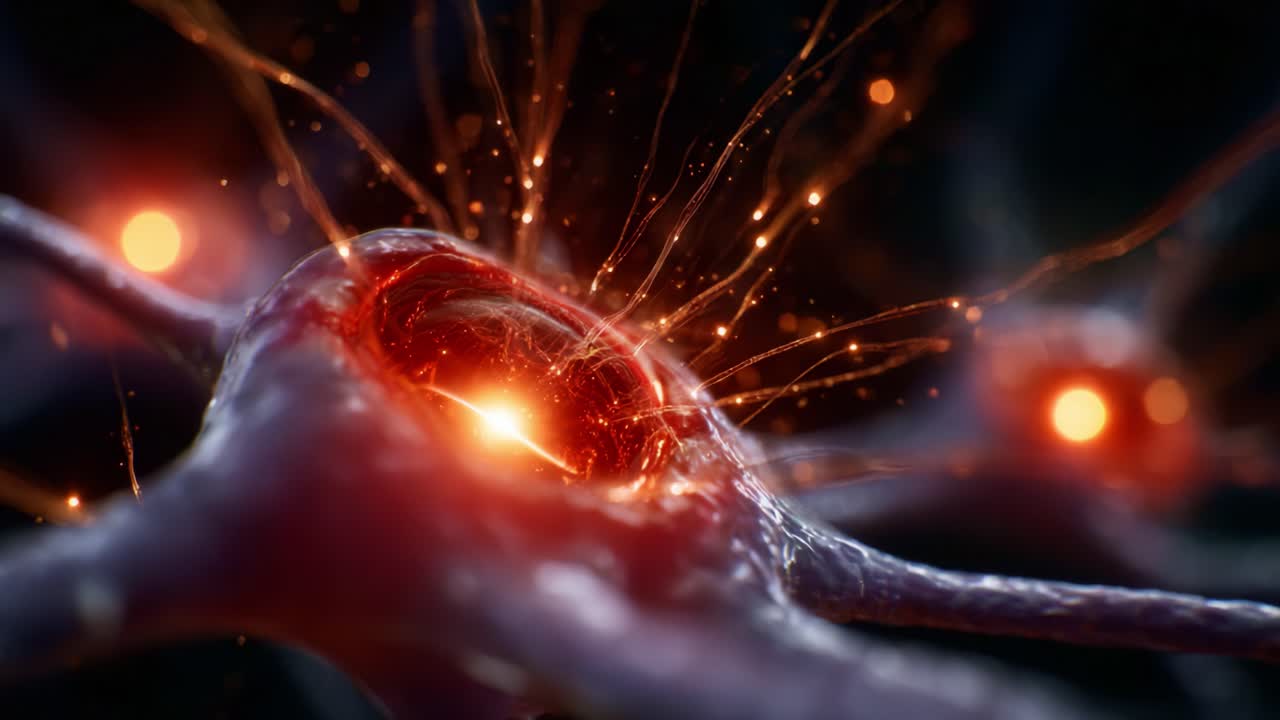 Mesmerizing close-up of a neuron displaying vibrant energy and synaptic activity, highlighting the intricate connections and dynamic processes of neural communication