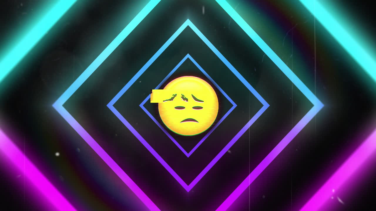 Trist emoji i midten over animation af neon geometriske former.