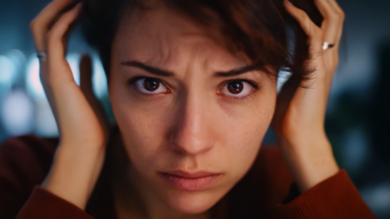 A woman's intense struggle with her emotions captured in two powerful frames depicting anguish and confusion as she holds her head in distress