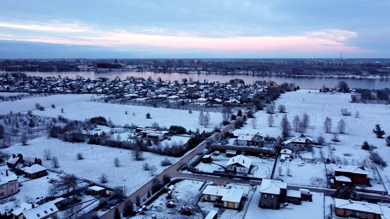 Snowy Village Landscape at Sunrise/Sunset