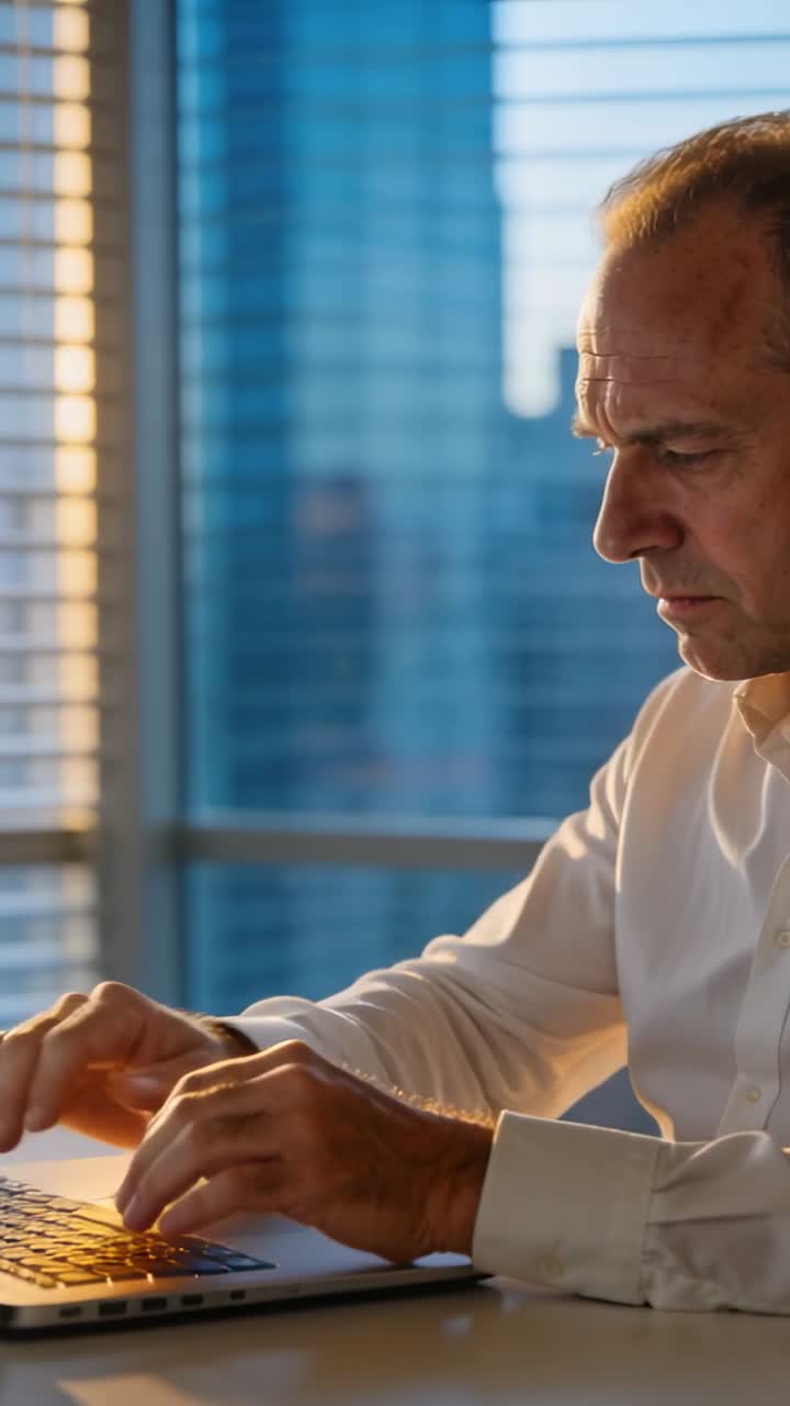 Vertical video: Unclasping hands, man in pale shirt typing on laptop, working at office, copy space