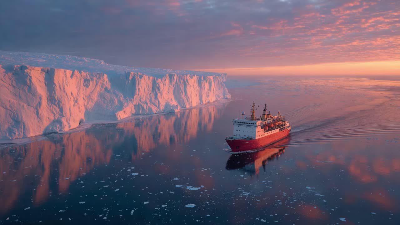 A stunning view of a research vessel navigating through icy waters, surrounded by towering glaciers reflecting the vibrant colors of a breathtaking sunset