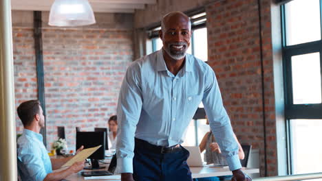 portrait of smiling mature businessman standing in busy office with colleagues working in background