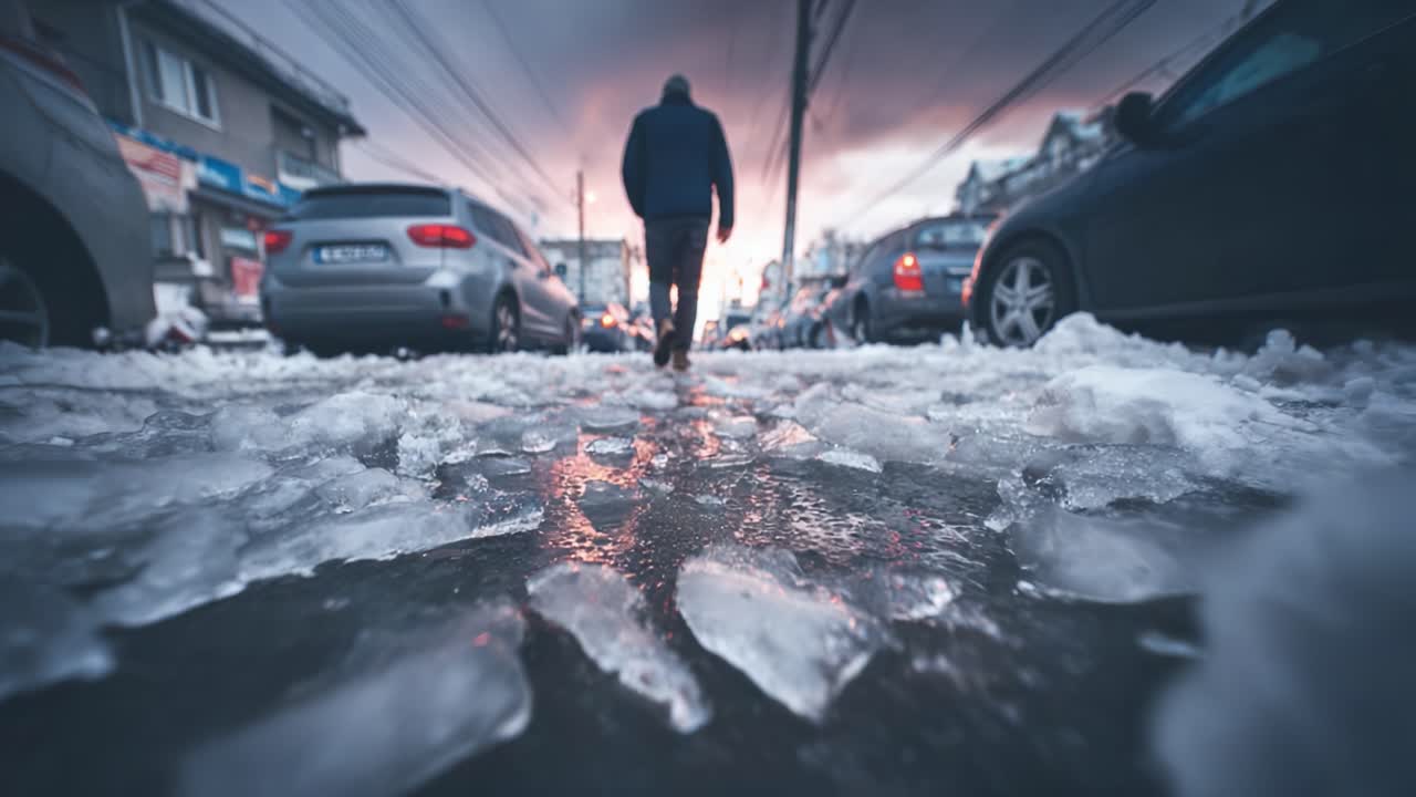 Una figura solitaria cammina attraverso una scena stradale invernale, circondata da ghiaccio sparso e veicoli, evidenziando le sfide della vita urbana durante condizioni meteorologiche avverse.