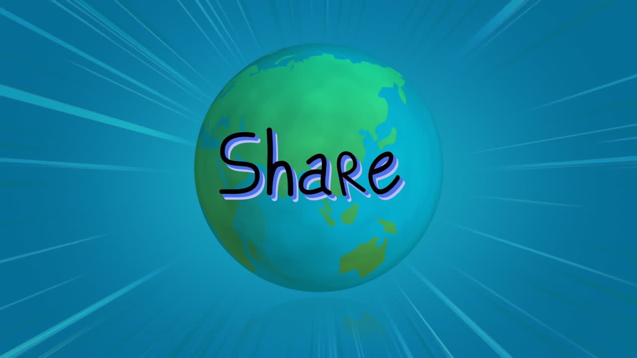 Animation of network of connections with share text and globe on blue background