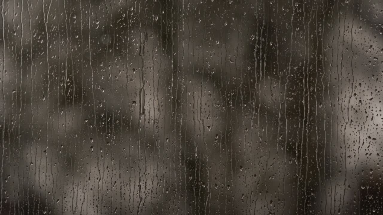 Raindrops against a window with a tree moving in the wind in the background