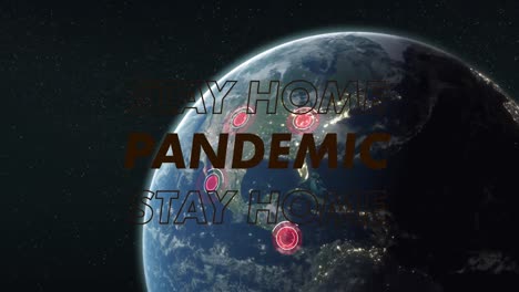 red stripes against stay at home and pandemic text over globe on blue background