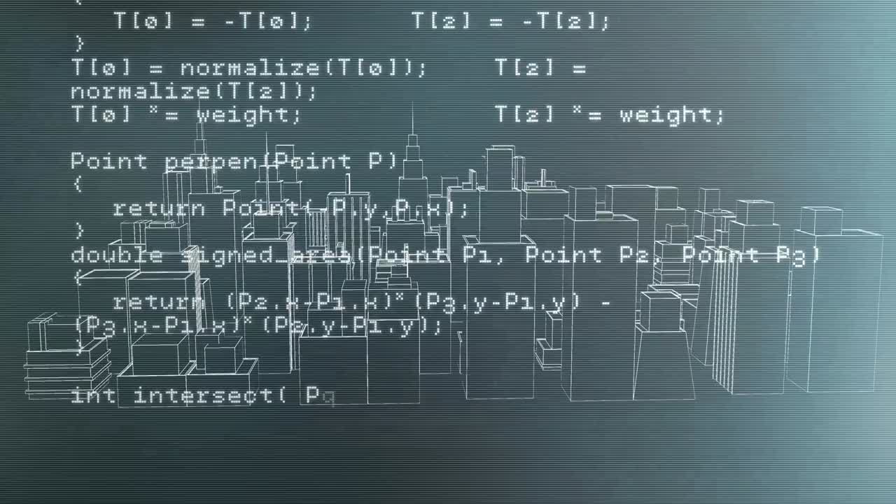 Animation of digital data processing over 3d cityscape spinning