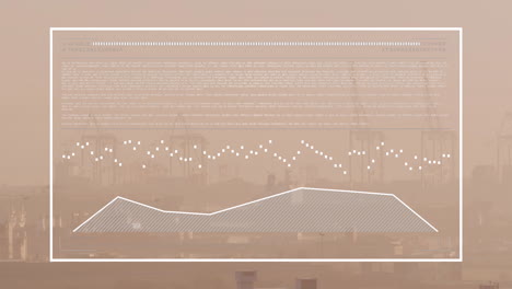 animación del procesamiento de datos estadísticos frente a una vista aérea del paisaje urbano
