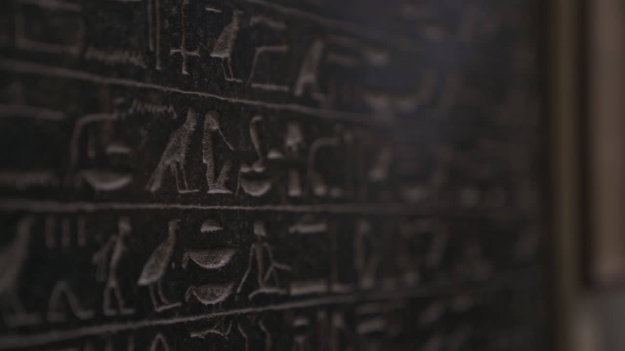 Macro close up shot of wall covered in ancient Egyptian hieroglyphics