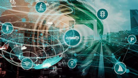 concepto de tecnología de transporte inteligente para el futuro tráfico de automóviles en la carretera de la ciudad de newish