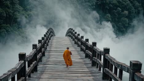 monk walking on a bridge through misty forest