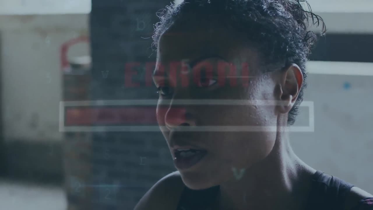 animación del procesamiento de datos sobre una deportista afroamericana en el gimnasio