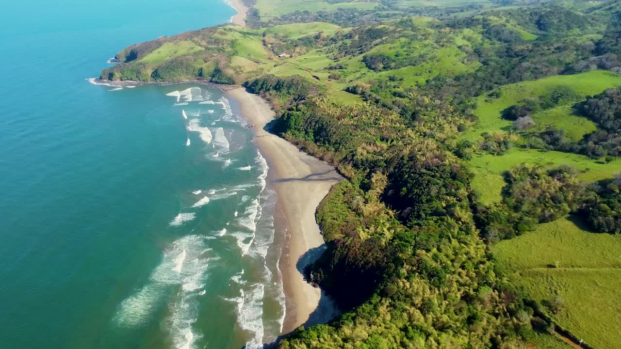 Veduta aerea di una lussureggiante foresta pluviale verde accanto a una caletta sabbiosa e una splendida costa.