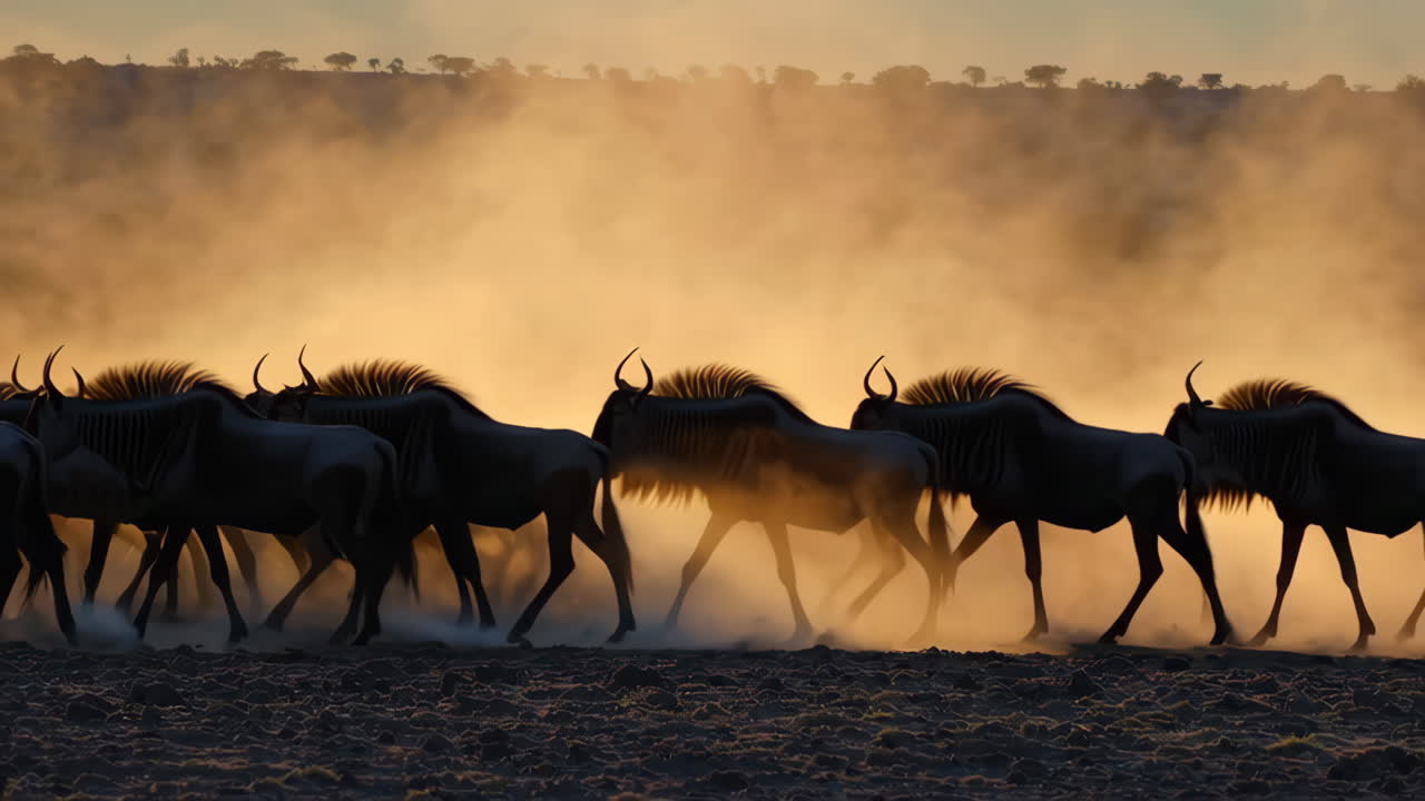 Wildebeest herd running through dust at sunrise or sunset