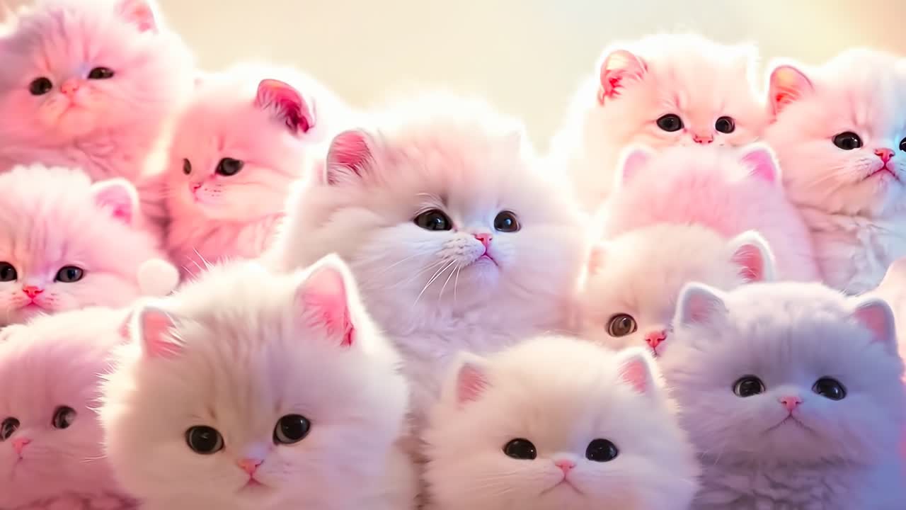 A video still of fluffy white kittens with a soft pink hue, captured from a frontal angle