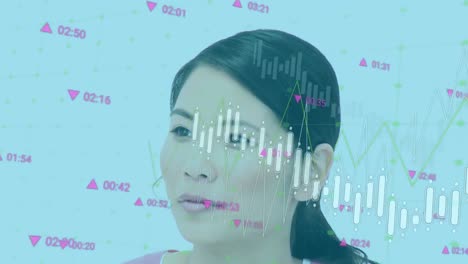 휴대폰 헤드으로 말하는 행복한 아시아 여성에 대한 통계 데이터 처리의 애니메이션