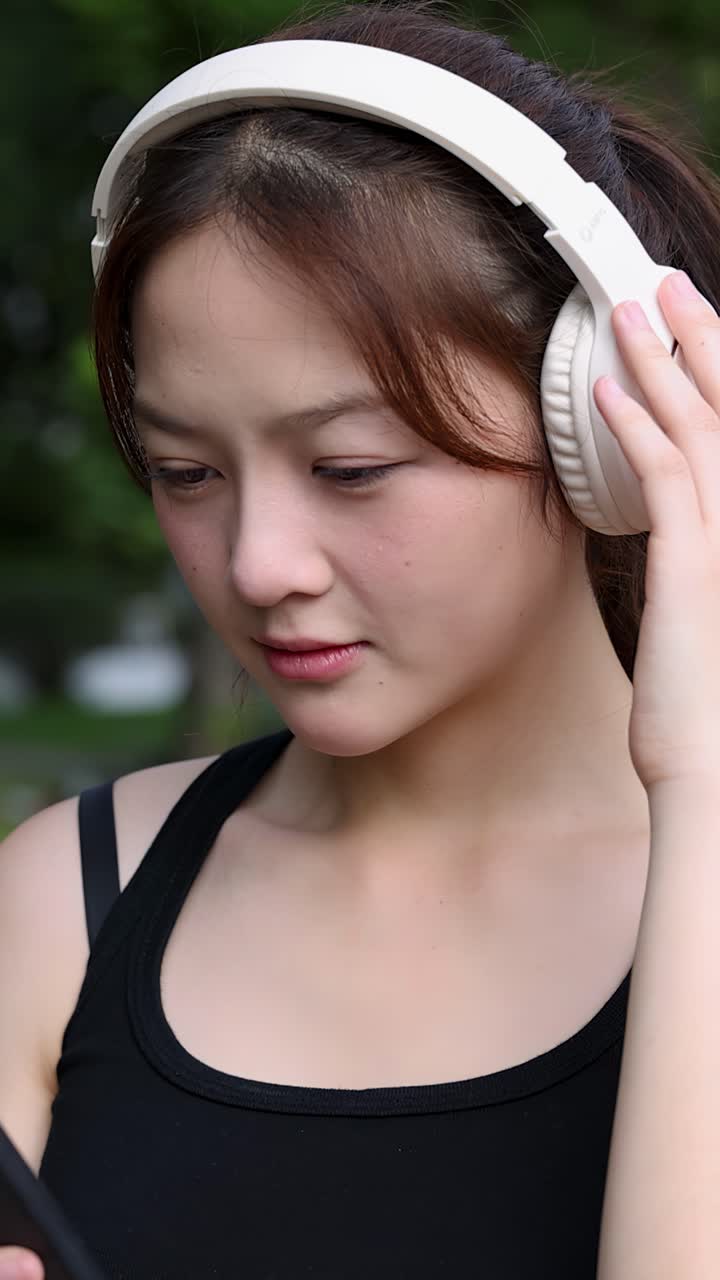 Primo piano di una donna in abbigliamento sportivo che usa uno smartphone e delle cuffie all'aperto, di giorno