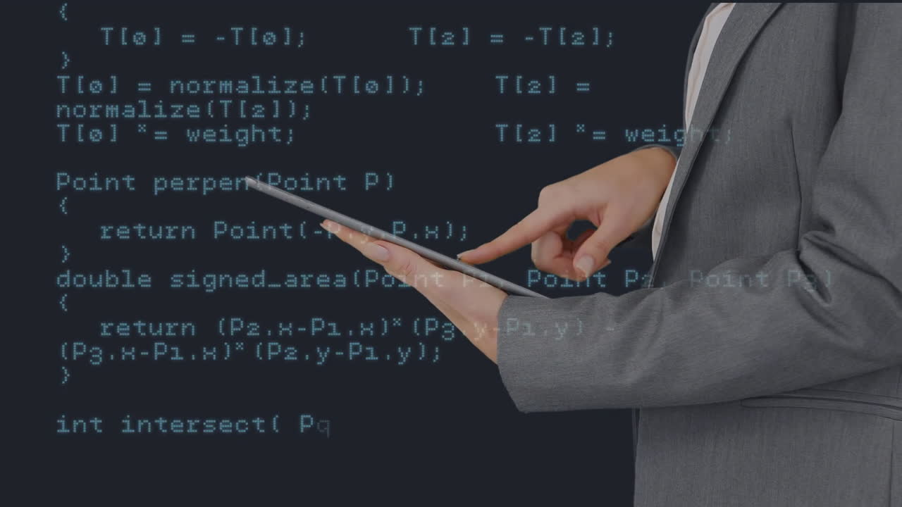 Data moving with a man using a tablet in the background