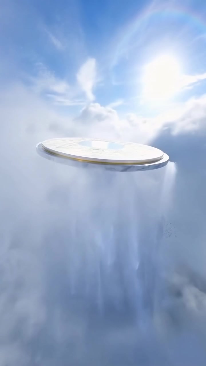 Piattaforma di marmo surreale che galleggia sopra le nuvole con cascata