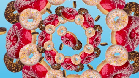 loopable motion background of kaleidoscope of donuts. abstract colorful animation of donuts moving from the center of blue gradient background - seamless loop. bakery and food concept