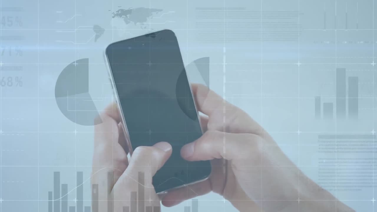 스마트 폰을 사용하는 백인 남성에 대한 금융 데이터 처리 애니메이션