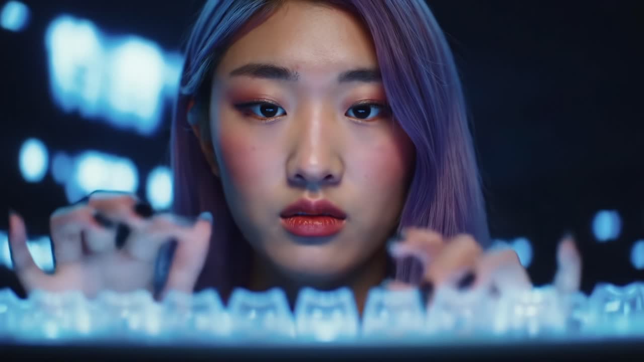 Focused Individual Engaged with Illuminated Keyboard, Capturing the Essence of Tech Enthusiasm and Digital Interaction, Showcasing Futuristic Elements and Creativity