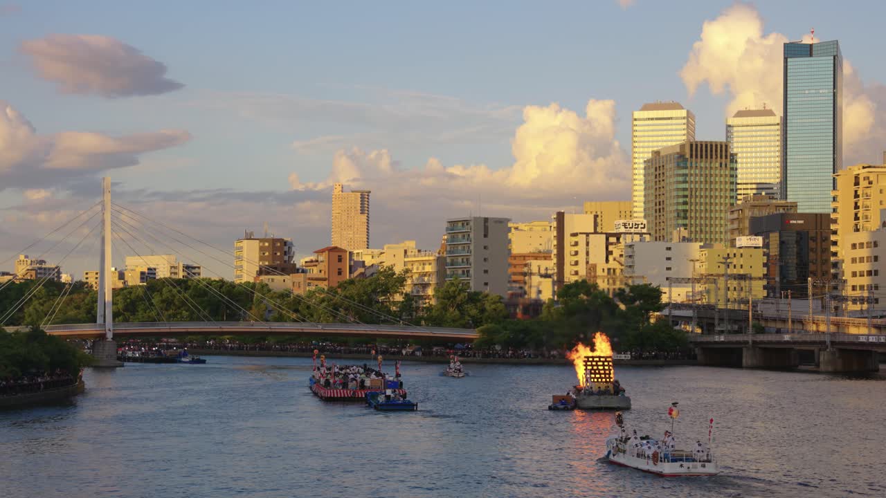Osaka Largest Summer Festival, Tenjin Matsuri, Boats Travel Past Burning Pyre