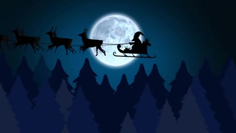 Animation-of-fir-trees-at-christmas-over-santa-in-sleigh