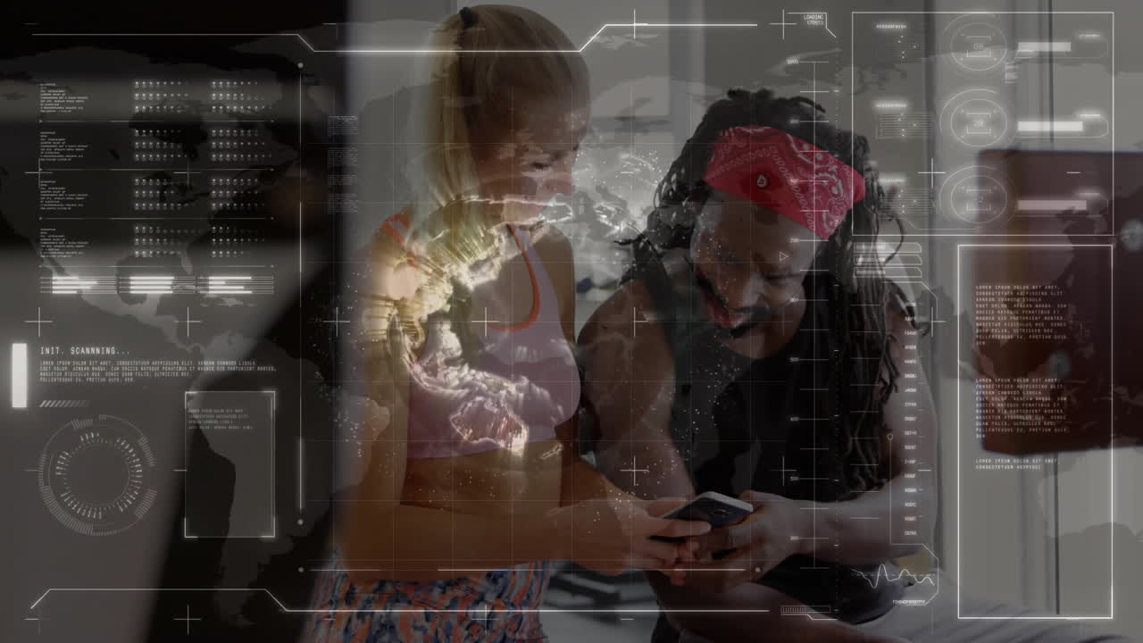 Female and male workout partners interacting with smartphone in gym, showing fitness data interface